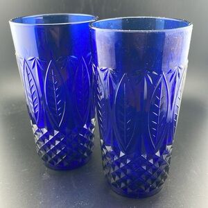 Set of 2 Vintage Cobalt Blue Arcoroc Drinking Glasses France Leaf Diamond 12 Oz